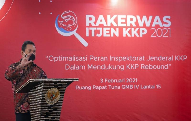 Menteri Trenggono dalam Rapat Kerja Pengawasan (Rakerwas) Tahun 2021 di Kantor KKP, Jakarta, Rabu (4/2/2021).